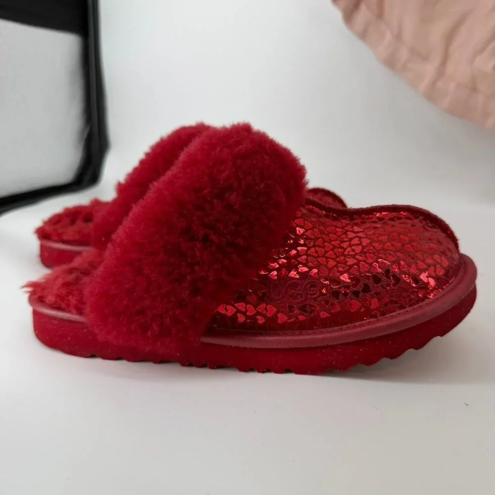 UGG Kids Red Sheepskin Slippers Sequin Heart Cozy Slide Youth 2